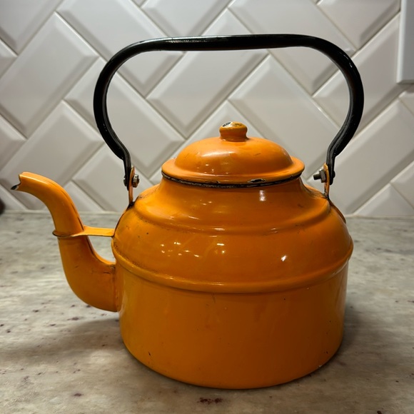 Vintage Orange Enamelware Tea Kettle - Picture 1 of 5